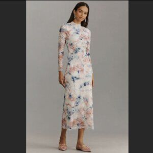 Anthropologie Dress Women Large White Pink Blue Floral Dulorie Lace Midi Romance
